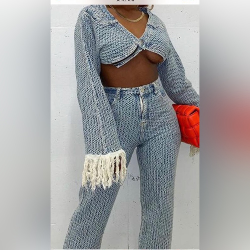 2-Piece Brand New Denim/Cotton blend sets with fringes on Sleeve.